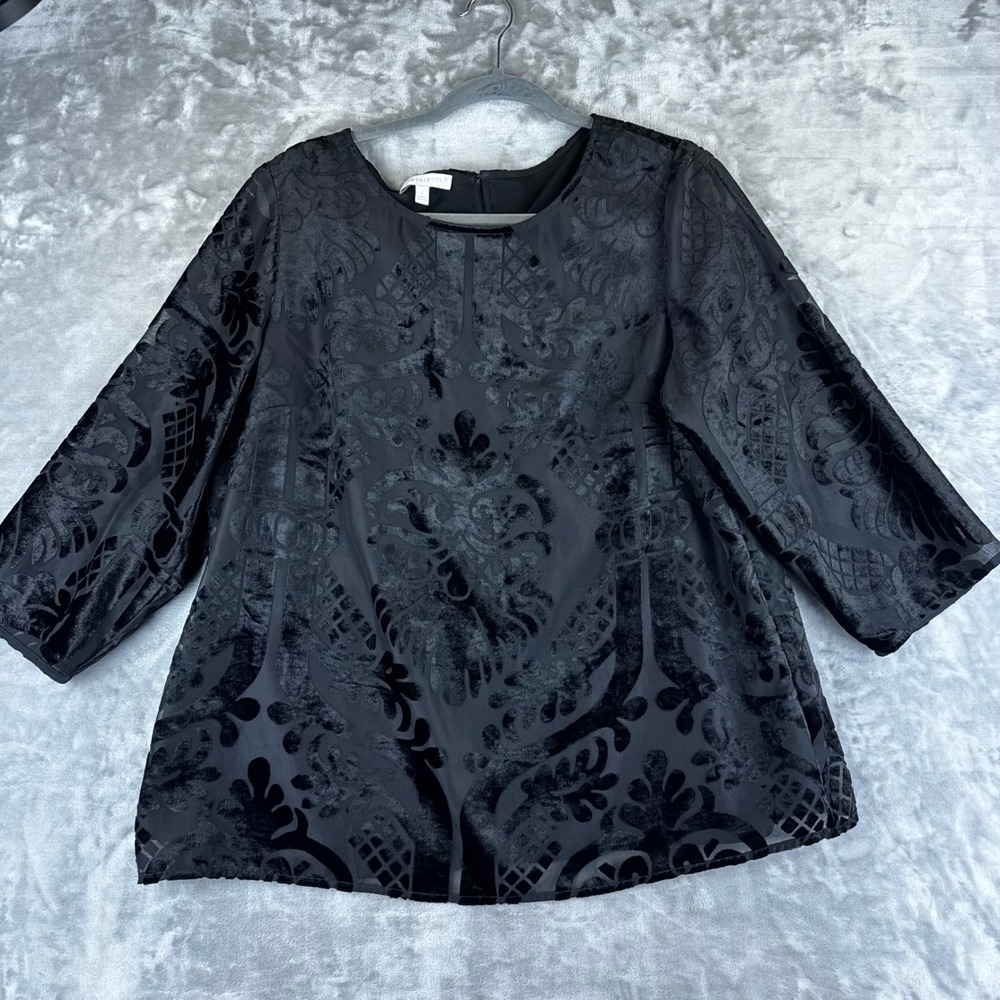 RSVP by Talbots Blouse Women Large Black Burnout Velvet Damask Sheer (1473)